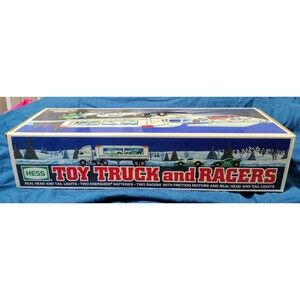 Vintage Hess Toy Truck & Racers 1991 Boxed Set Truck Trailer Cars Lights Collect
